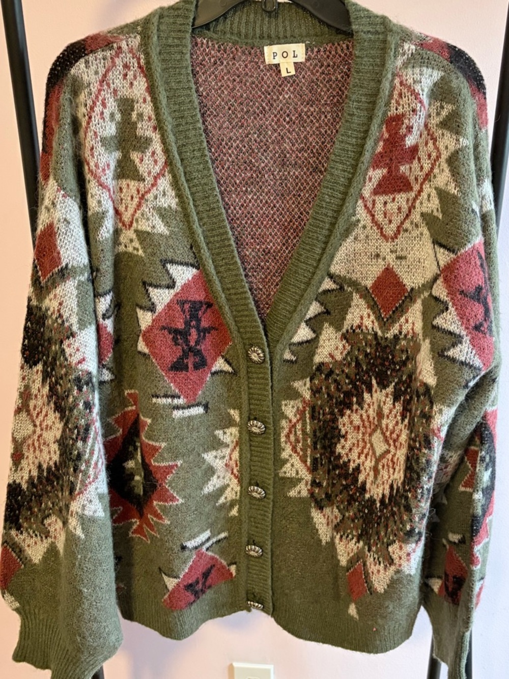 NWOT Large POL Green Aztec V-Neck Cardigan Sweater with Wool and Silver Buttons